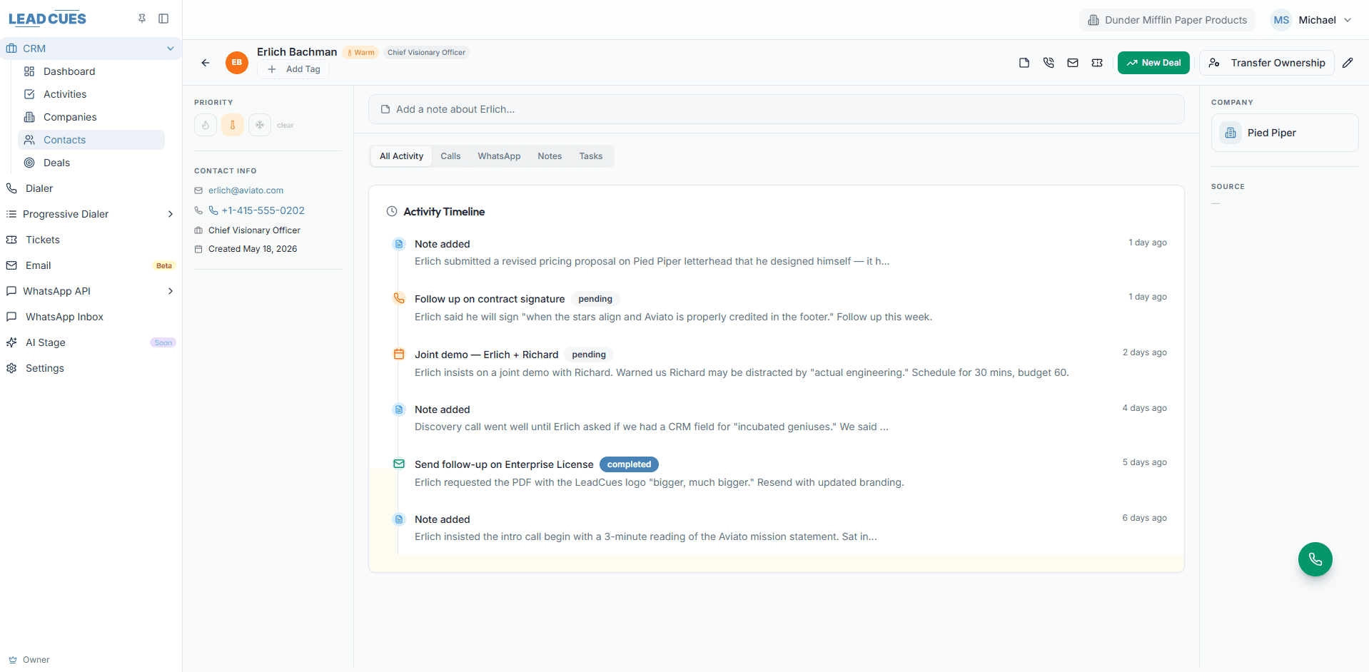 Leadcues CRM contact detail view