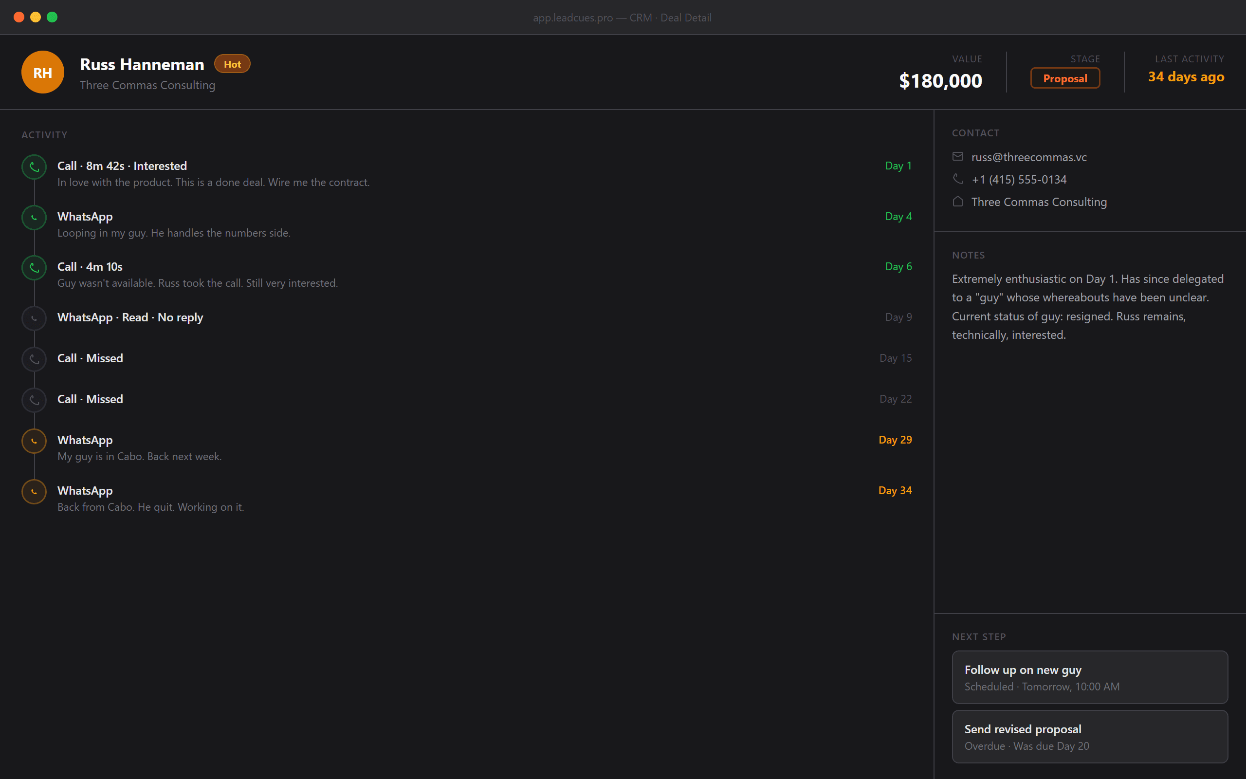 LeadCues CRM pipeline — deal cards with call and WhatsApp activity timeline